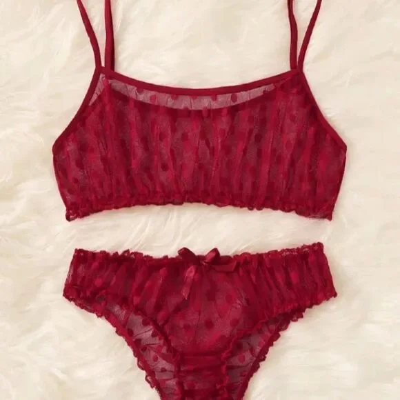 Red Polka Dot Lingerie Set • Mesh Bikini Style Lingerie Outfit - Picture 8 of 11